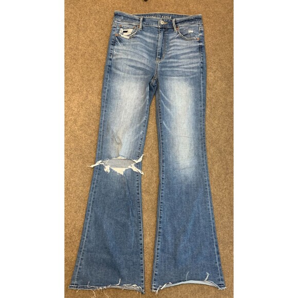 American Eagle Jeans Womens 6 High Rise Flare Raw Hem Distressed Stretch Denim - Picture 1 of 9